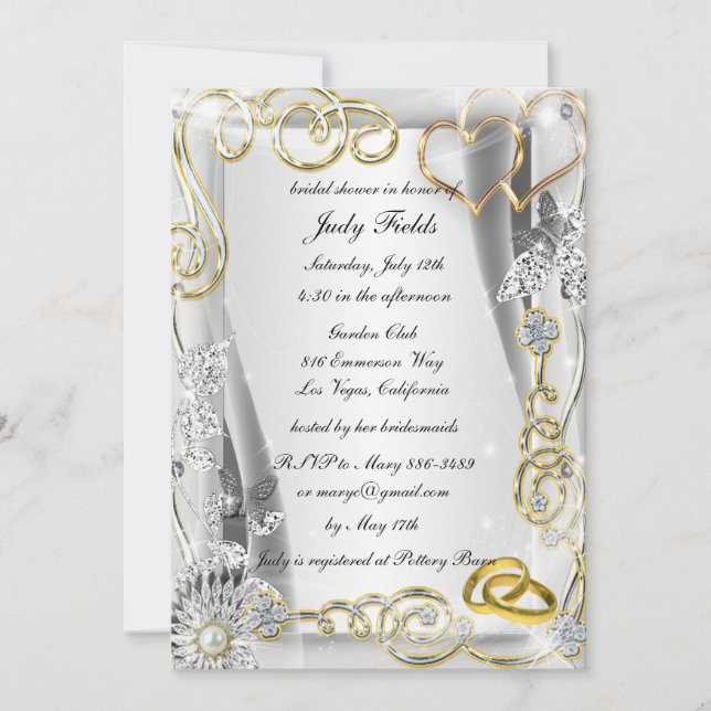 Gold Wedding Rings And Hearts Bridal Shower Invite (Front)