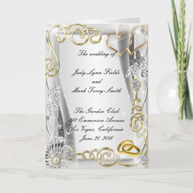 Gold Wedding Rings And Hearts Program Card (Front)
