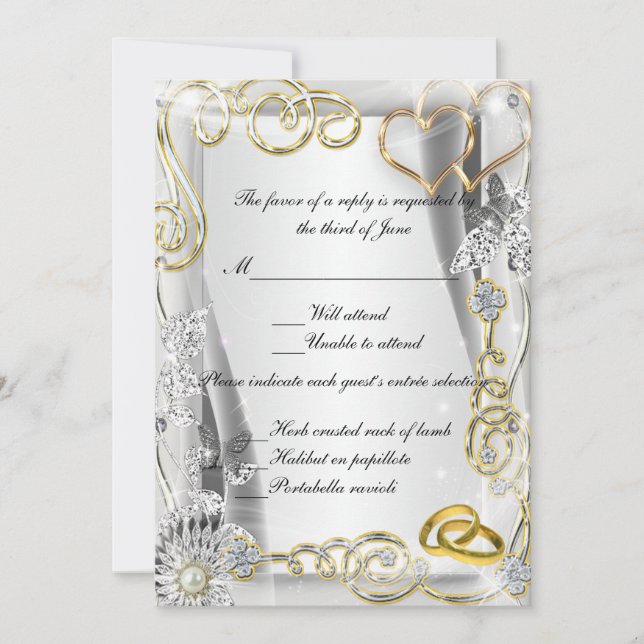Gold Wedding Rings And Hearts Response Card (Front)