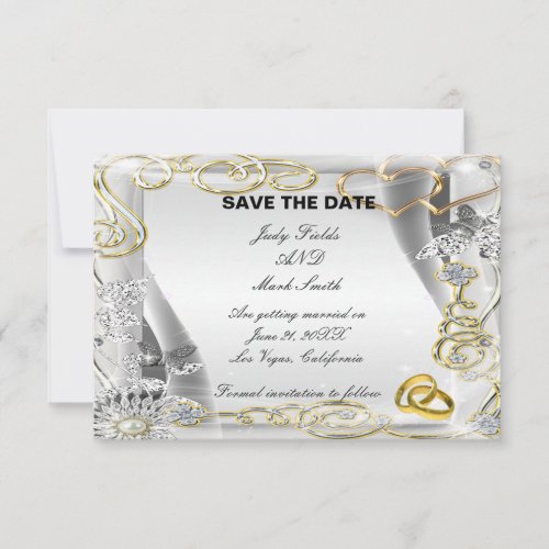 Gold Wedding Rings And Hearts Save The Date Card