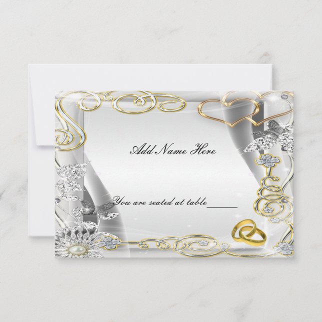 Gold Wedding Rings And Hearts Table Place Card (Front)