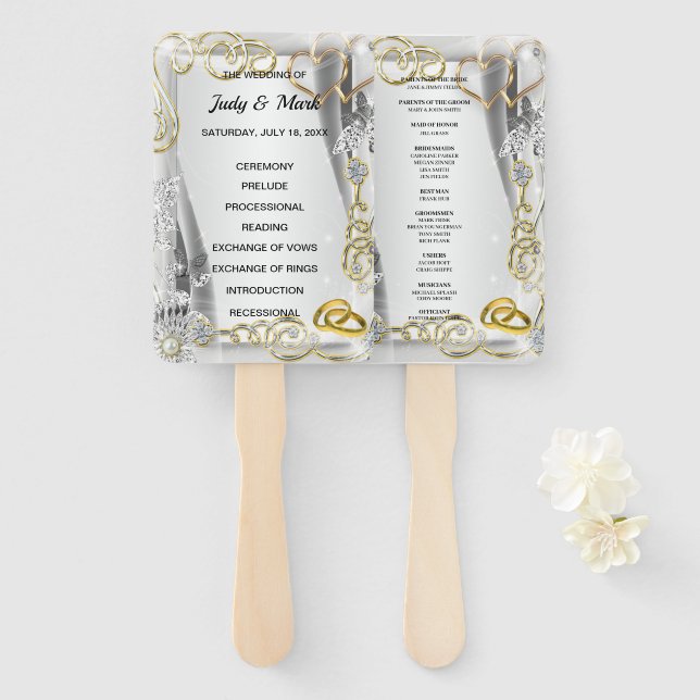 Gold Wedding Rings And Hearts Wedding Program Hand Fan (Front and Back)
