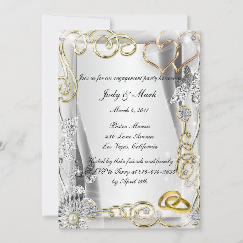 Gold Wedding Rings Hearts Engagement Party Invite