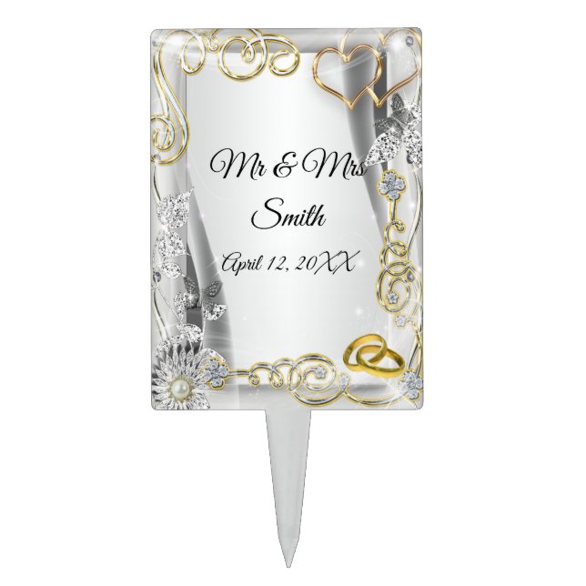 Gold Wedding Rings Hearts Wedding Cake Topper (Front)