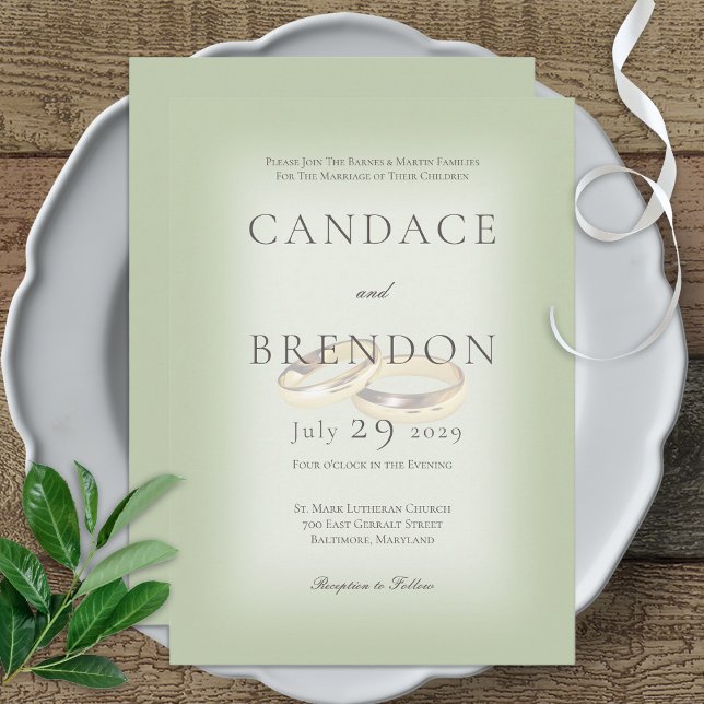 Gold Wedding Rings on Sage Wedding Invitation (Creator Uploaded)