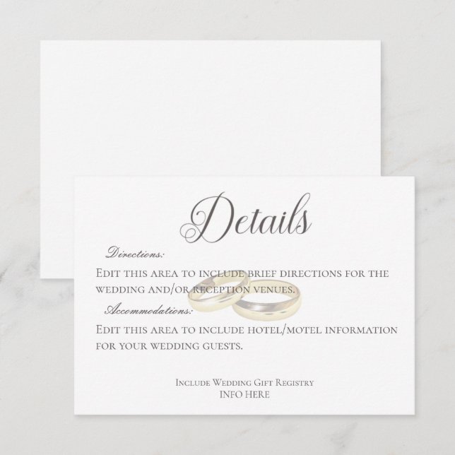 Gold Wedding Rings on White Wedding Details Enclosure Card (Front/Back)