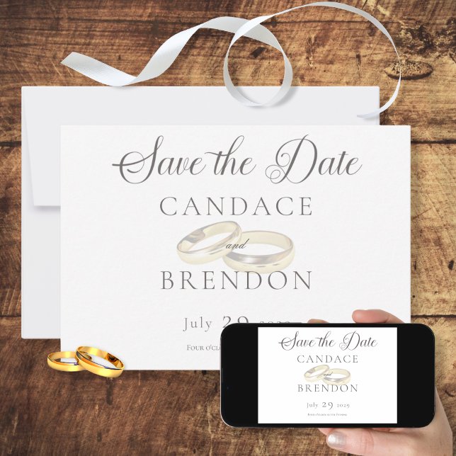 Gold Wedding Rings on White Wedding Save The Date (Creator Uploaded)