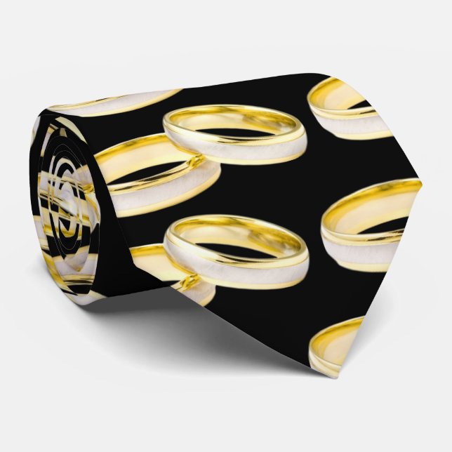 Gold Wedding Rings Pattern on Black Neck Tie (Rolled)