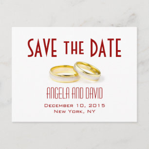 Gold Wedding Rings Red Save the Date Postcards