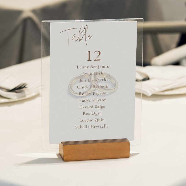 Gold Wedding Rings Table Number Seating Chart (Clear and elegant seating chart featuring two gold wedding rings, crisp table numbers and names.)