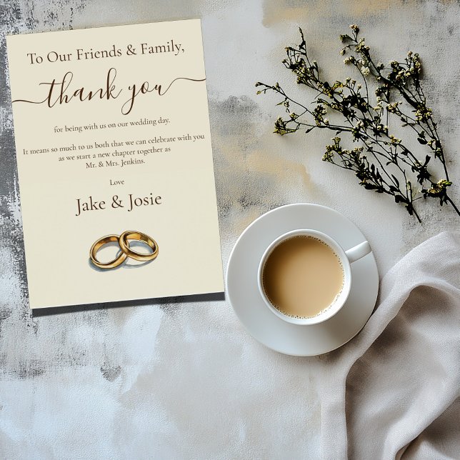 Gold wedding rings thank you Table Card (To our friends & family thank you, wedding card with an illustration of 2 gold wedding rings.)