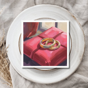 Gold Wedding Rings Watercolor Painting Red Napkins