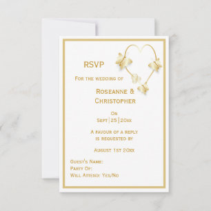 Gold Wedding RSVP Card Butterflies Heart