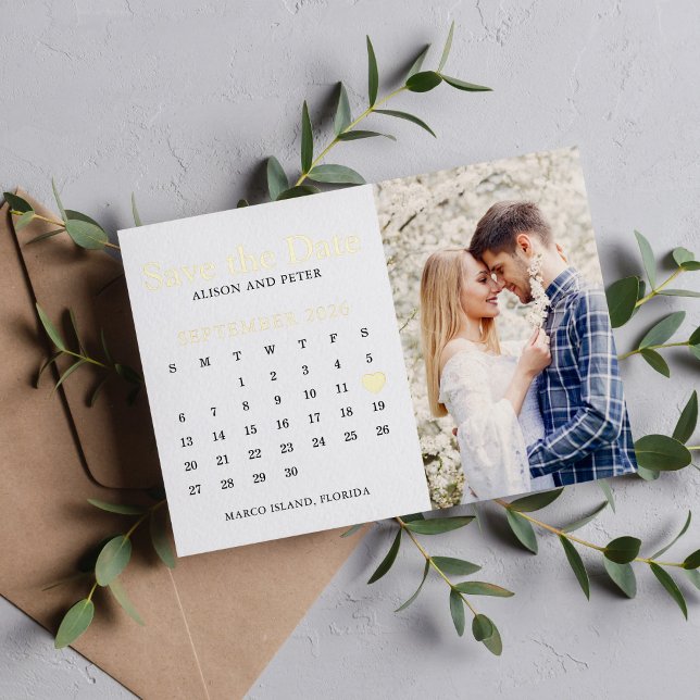 Gold Wedding Save the Date Calendar Photo Foil Invitation (Creator Uploaded)