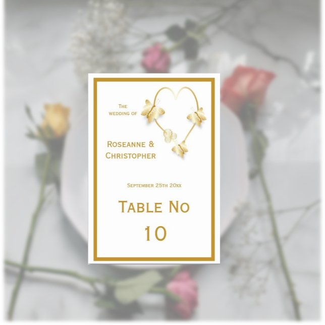 Gold Wedding Table Card Butterflies Heart (Gold wedding table number card butterflies heart design)