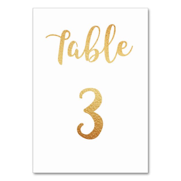 Gold Wedding Table Number. Foil Decor. Table 3 Card