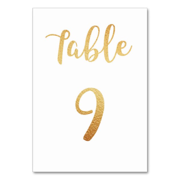 Gold Wedding Table Number. Foil Decor. Table 9 Card