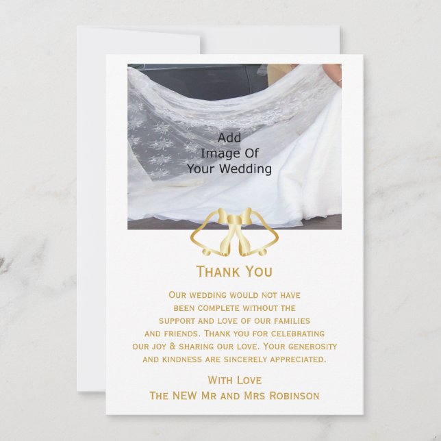 Gold Wedding Thank You Card Bells And Ribbon (Front)