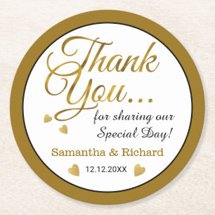 Gold Wedding Thank You Favor Name Personalized Round Paper Coaster