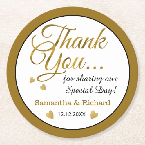 Gold Wedding Thank You Favor Name Personalized  Round Paper Coaster
