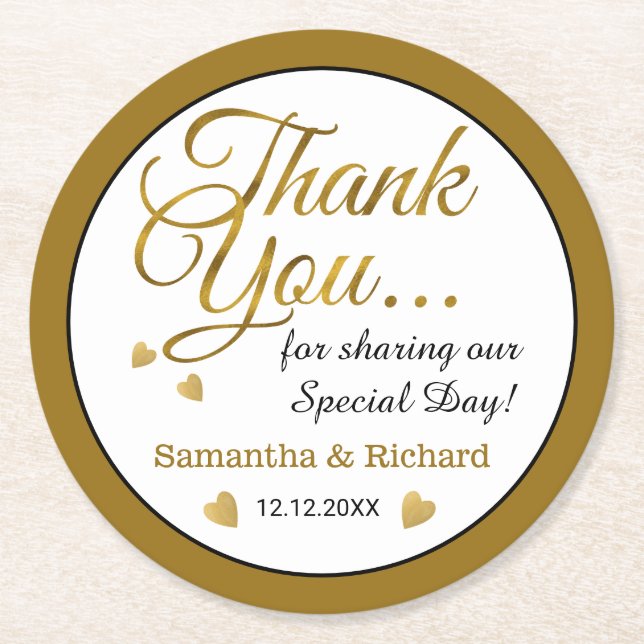 Gold Wedding Thank You Favor Name Personalized  Round Paper Coaster (Front)
