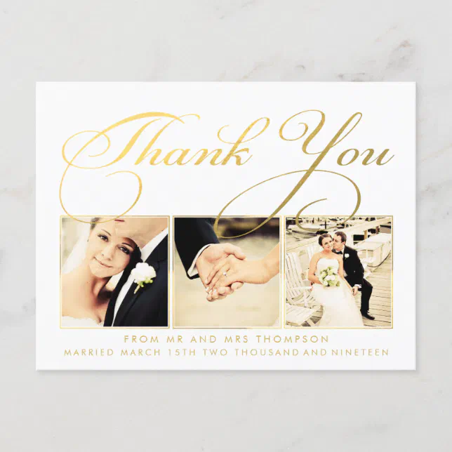 Gold Wedding Thank You Script Typography Photo Postcard | Zazzle