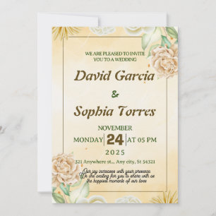 Gold wedding  with watercolour cream white flowers invitation