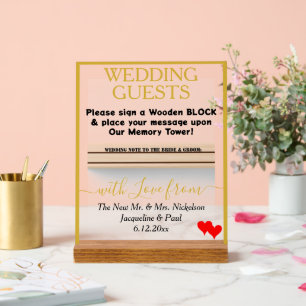 Gold Wedding Wooden Block Names Red Hearts Acrylic Sign