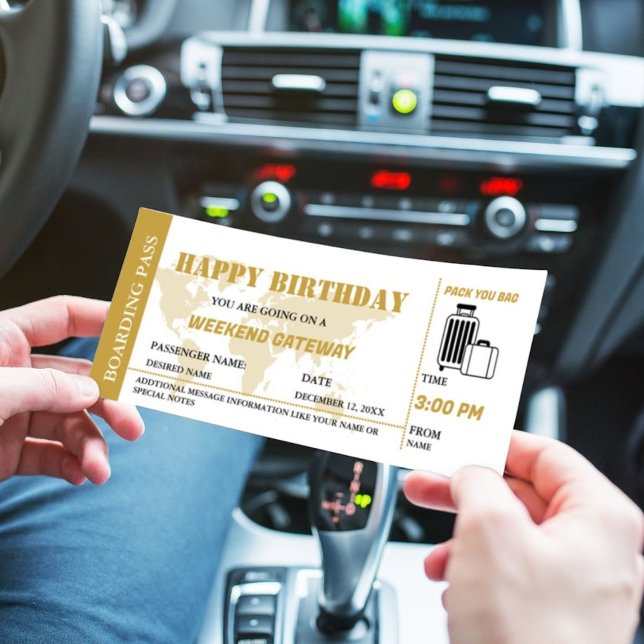 Gold Weekend Getaway Birthday Boarding pass Ticket Invitation (Creator Uploaded)