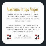 Gold Welcome to Las Vegas Wedding Welcome Basket Square Sticker<br><div class="desc">Getting married in Las Vegas? These golden and white welcome stickers would make a perfect addition to your guest's welcome basket in their hotel. Personalize with your own heartfelt text.</div>