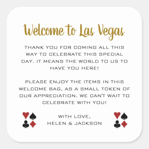 Gold Welcome to Las Vegas Wedding Welcome Basket Square Sticker