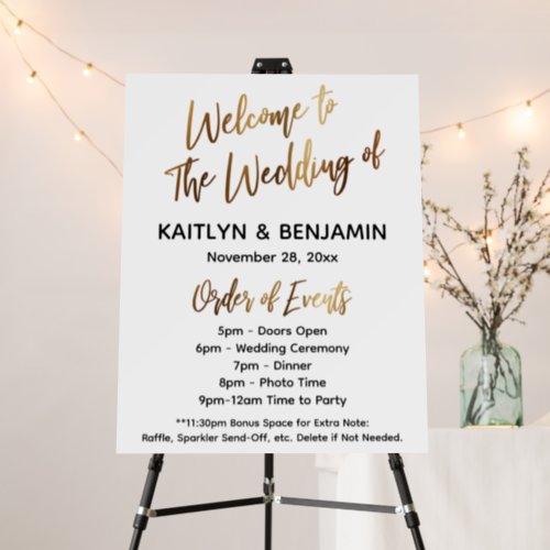 Gold Welcome Wedding Timeline Order of Events Sign