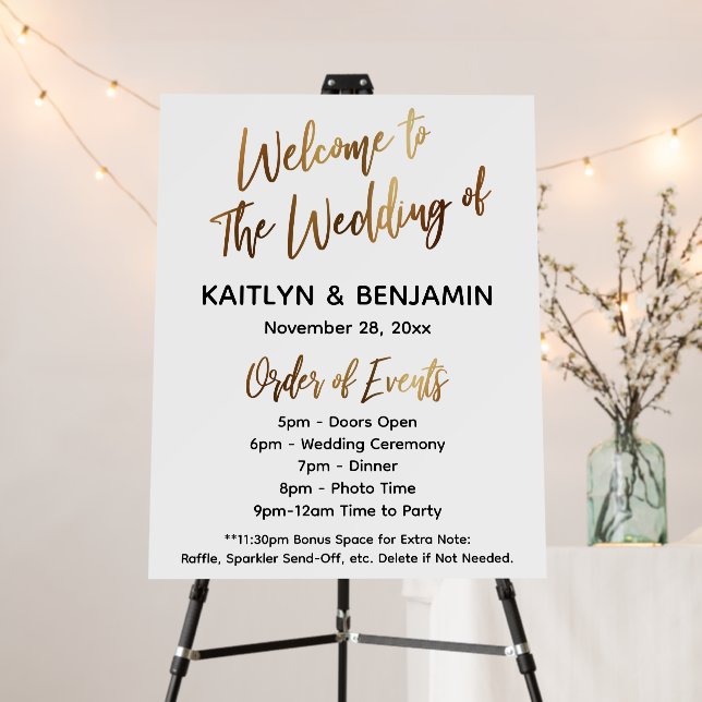 Gold Welcome Wedding Timeline Order of Events Sign (In Situ (Stand))