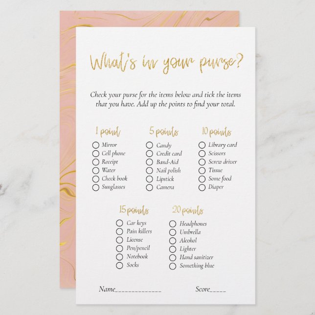 Gold What's In Your Purse Bridal Shower Game (Front/Back)