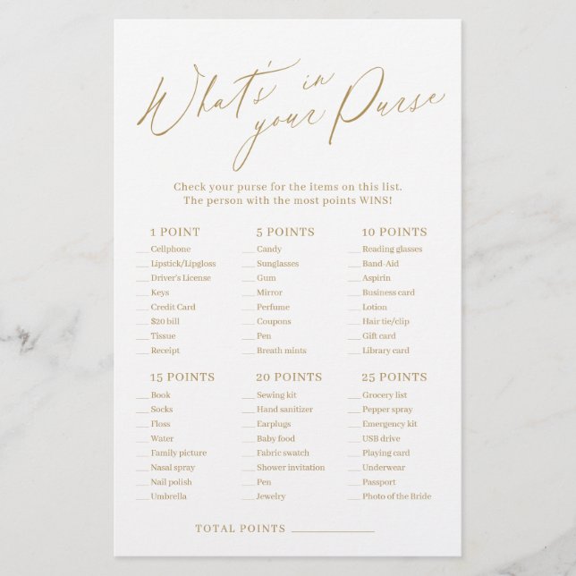 Gold what's in your purse bridal shower game (Front)