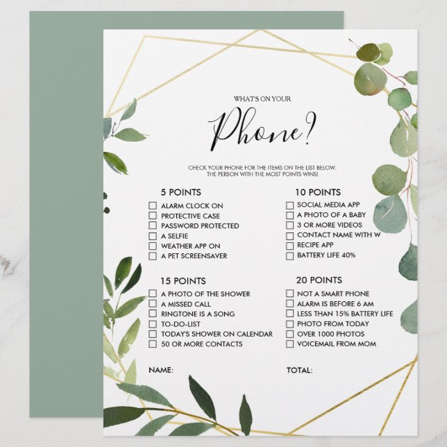 Gold What's on your Phone Bridal Shower Game (Front/Back)