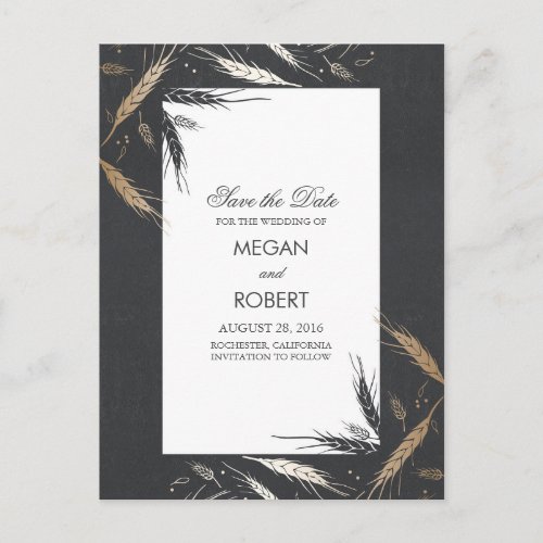 Gold Wheat Fall Modern Save the Date Announcement Postcard - Gold foil effect modern fall save the date postcards with wheat stems