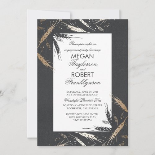 Gold Wheat Rustic Modern Fall Engagement Party Invitation - Fall engagement party invitations with "gold foil" effect wheat stems and chalkboard background