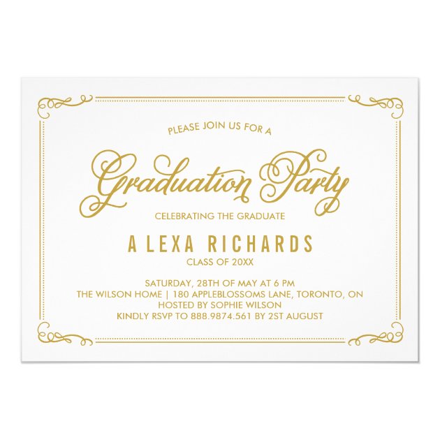 Gold Whimsical Border and Script Graduation Card