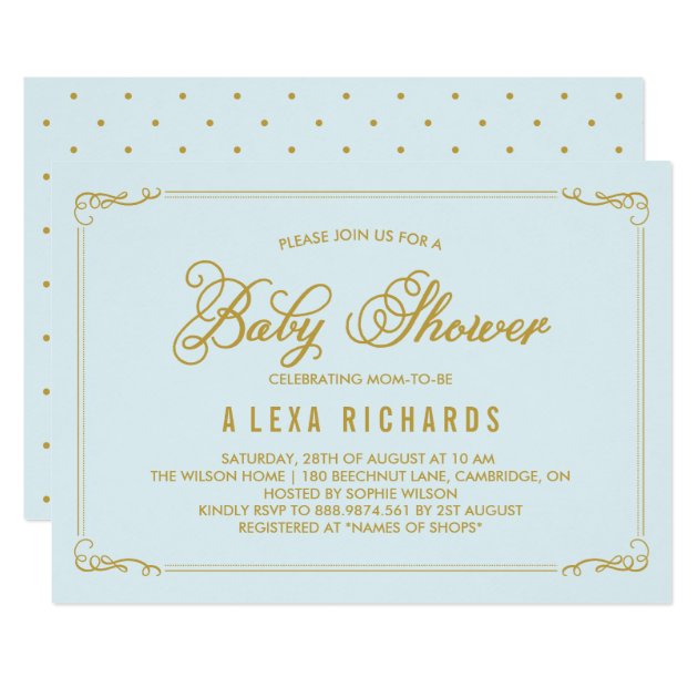 Gold Whimsical Borders Light Blue Baby Shower Invitation