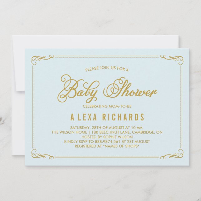 Gold Whimsical Borders Light Blue Baby Shower Invitation (Front)