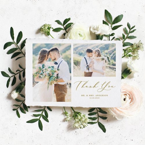 Gold Whimsical Calligraphy Photo Collage Wedding Thank You Card