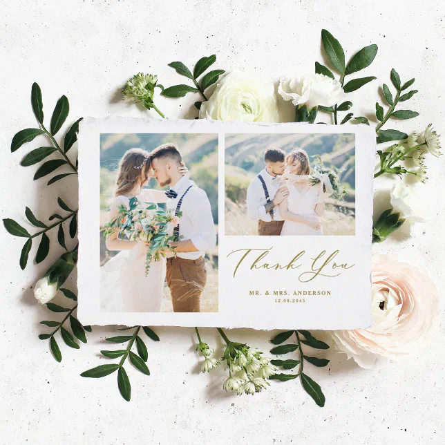Gold Whimsical Calligraphy Photo Collage Wedding Thank You Card | Zazzle