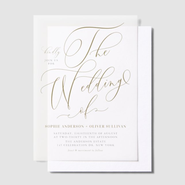 Gold Whimsical Calligraphy Wedding Vellum Invitations (Offset)