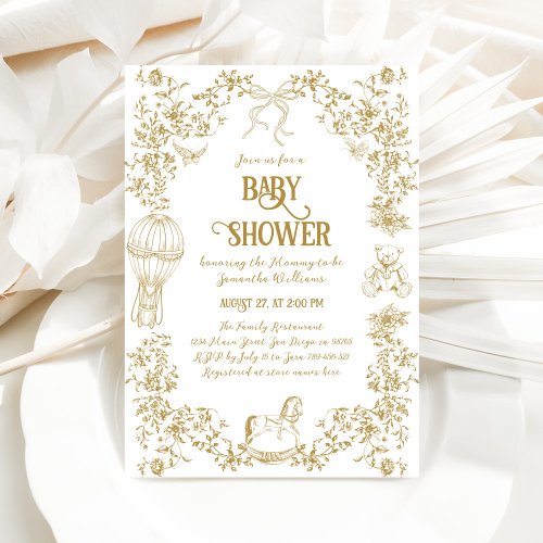 Gold Whimsical Floral Baby Shower Invitation