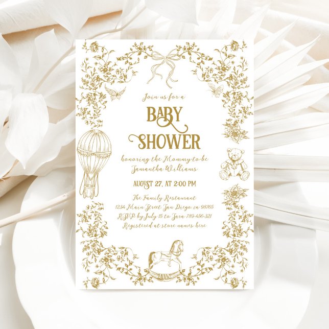 Gold Whimsical Floral Baby Shower Invitation (Creator Uploaded)
