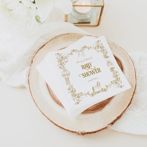 Gold Whimsical Floral Bow Bear Baby Shower Napkins