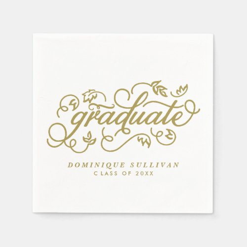 Gold Whimsical Floral Script Graduation Napkins