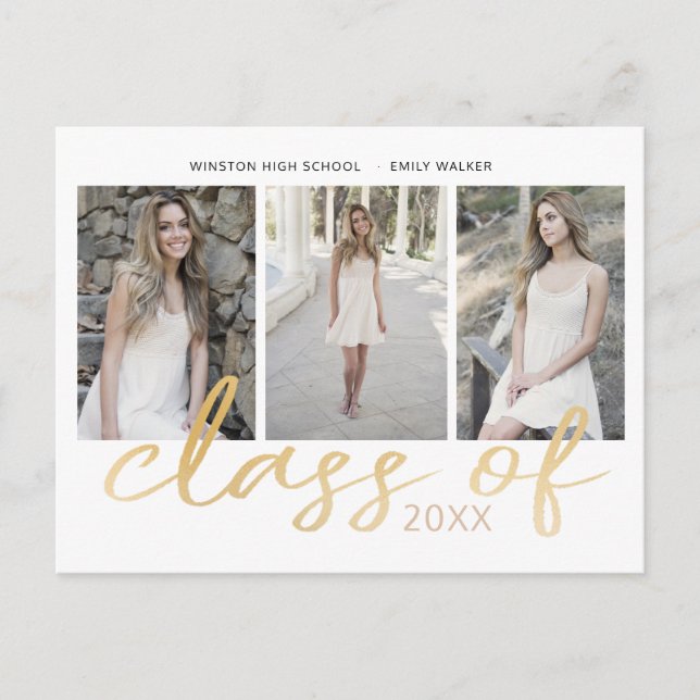 Gold Whimsical Script Photo Graduation Announcement Postcard (Front)