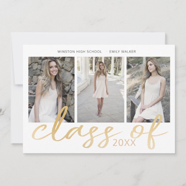 Gold Whimsical Script Photo Graduation Card (Front)